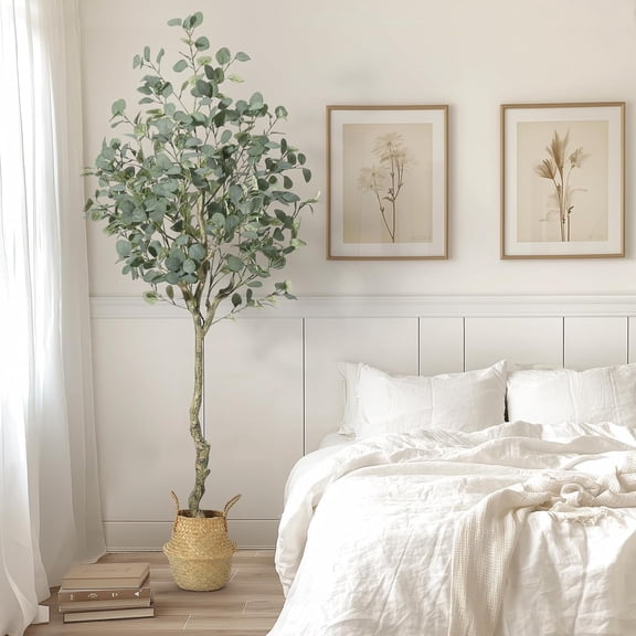 Eucalyptus Plant Artificial 6ft,Faux Eucalyptus Plant in Straw Pot with Silver Dollar Leaves, Home Office Decor Indoor, 1 Pack