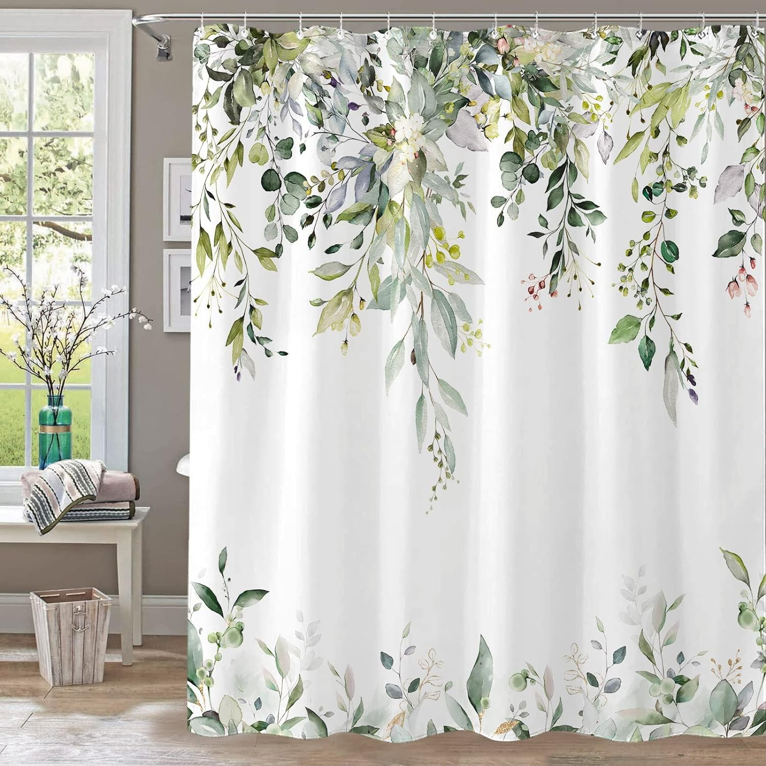 Eucalyptus Plant Rustic Shower Curtain, Watercolor Leaves On The Top