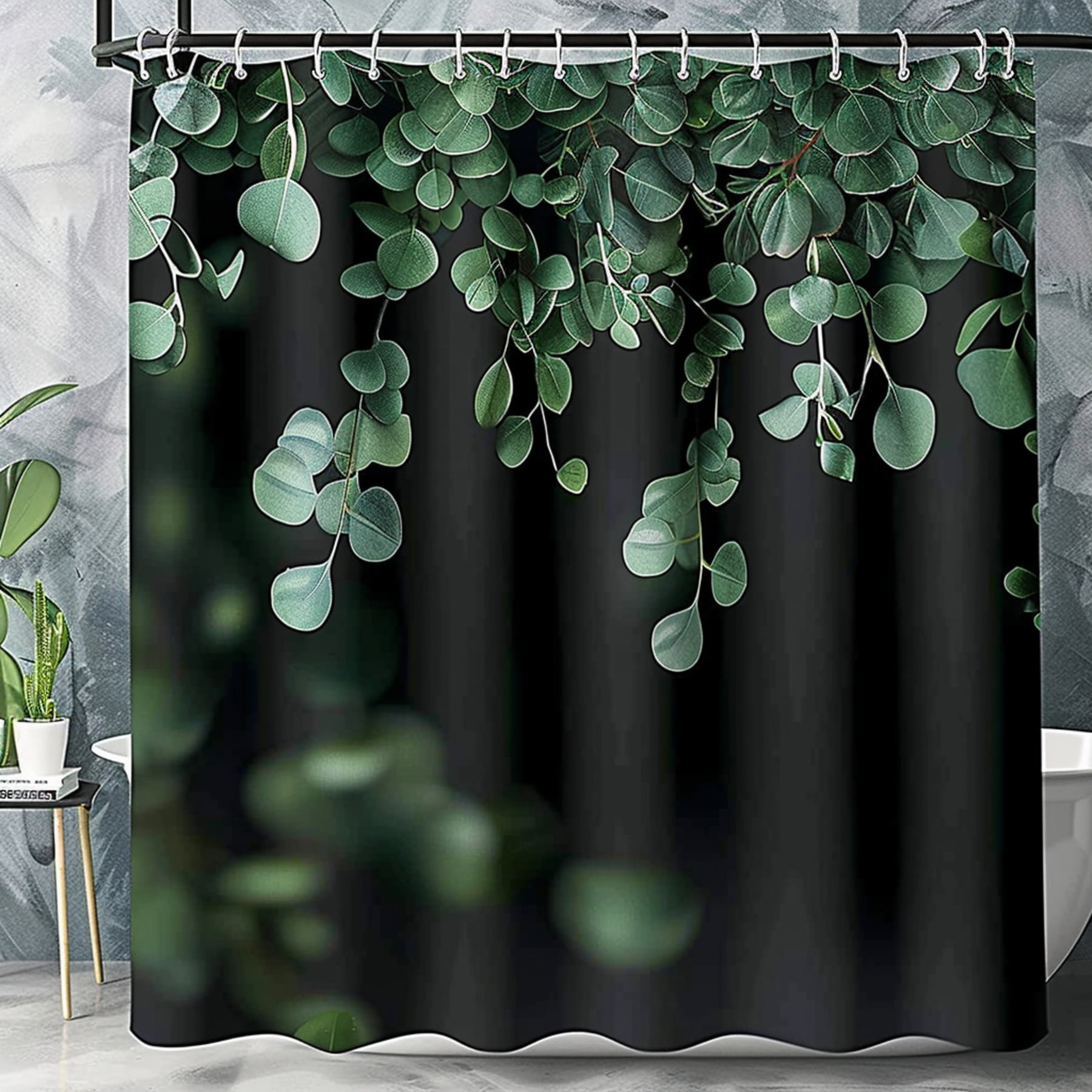 Eucalyptus Plant Shower Curtain Green Foliage Design Black Background