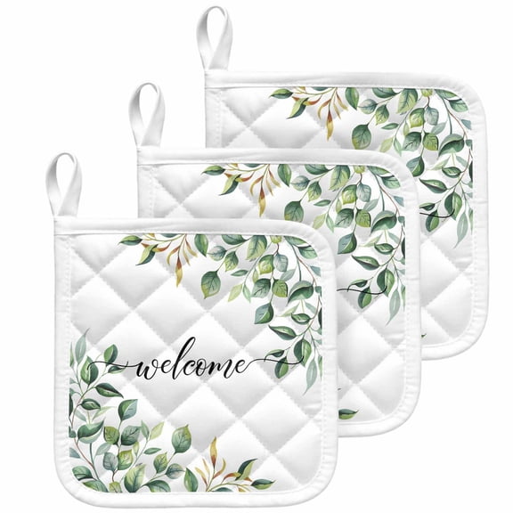 Eucalyptus Pot Holders for Kitchen Heatproof Potholder, 3 Pack Sage Green Vines Branch Watercolor Plant Hot Pads Multipurpose Oven Pads Cloth Potholders Trivet for Cooking Baking