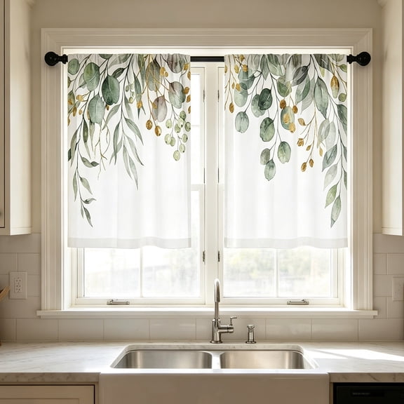 Eucalyptus Print Kitchen Curtain Tiers, 2 Panel Short Cafe Curtains