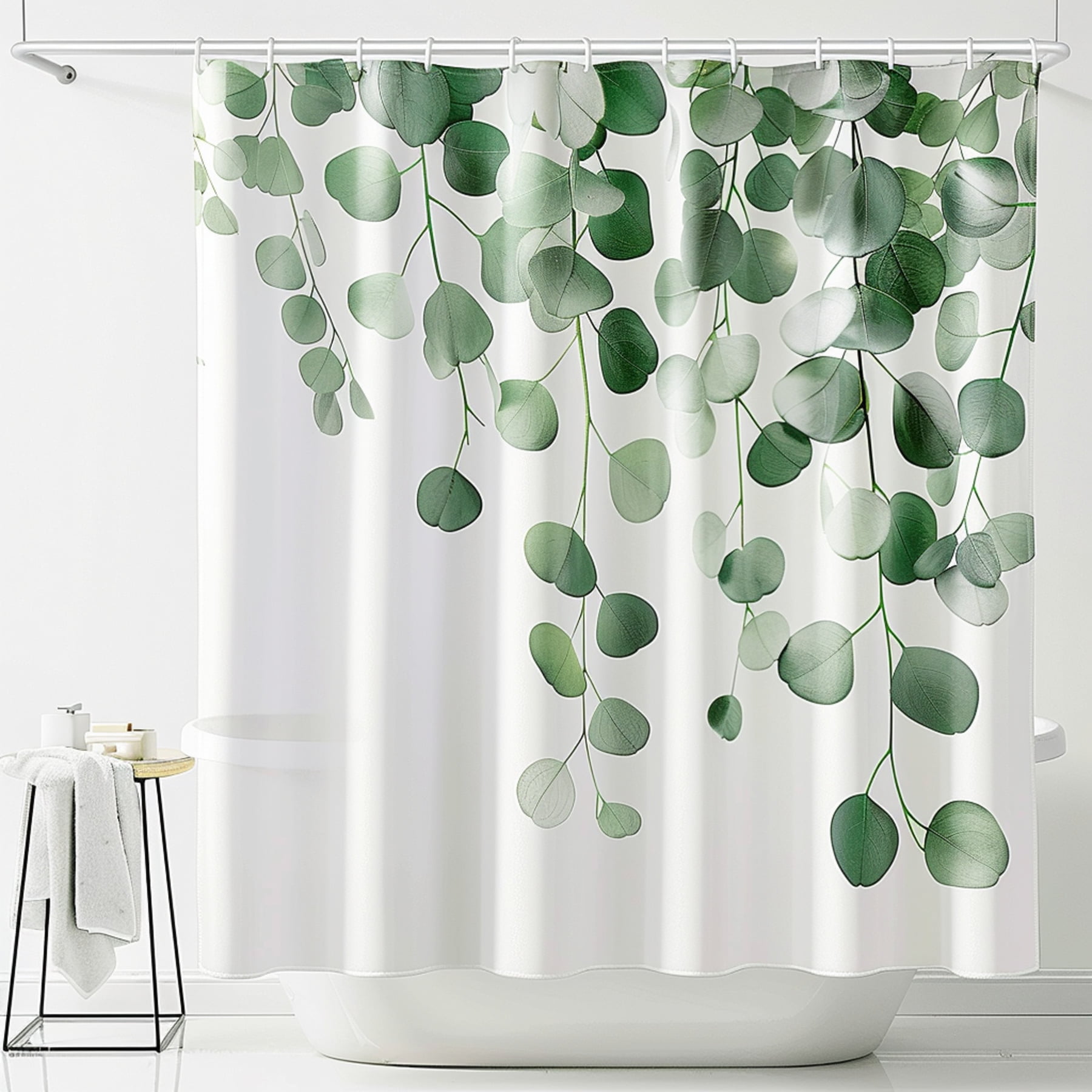 Eucalyptus Print Shower Curtain White Base with Green Eucalyptus Design