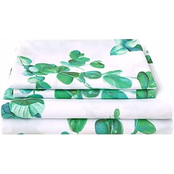 Eucalyptus Printed Sheet Set Queen Size, 4 Piece Soft Leaves Pattern Microfiber Sheets Extra Deep Pocket