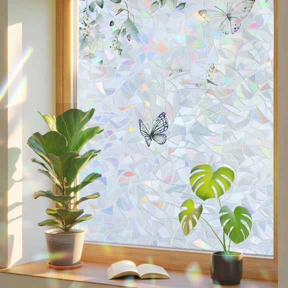 Eucalyptus Privacy Window Film, Decorative Stained Glass Window Film, Butterfly Sage Green Leaf Farmhouse Plant Resuable Rainbow Static Cling for Home Bathroom Living Room Glass Door 17.7"x39.3"