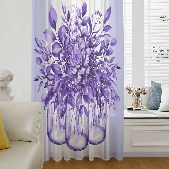 Eucalyptus Purple Semi Sheer Curtains Drapes for Living Room, Bedroom, French Doors Window 45 Inches Long, Stripes Bottle Flower Cactus Plant Rod Pocket Chiffon Curtain Drapery Voile Draperies Panel
