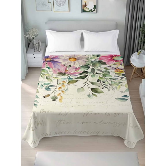 Eucalyptus Queen Size Flat Sheet, Wrinkleproof & Fadeproof Cooling Flat Bed Sheet Only, Sage Green Botanical Leaf Pink Flower Farm Breathable Soft Bedding Top Sheets 90 x 102 Inches
