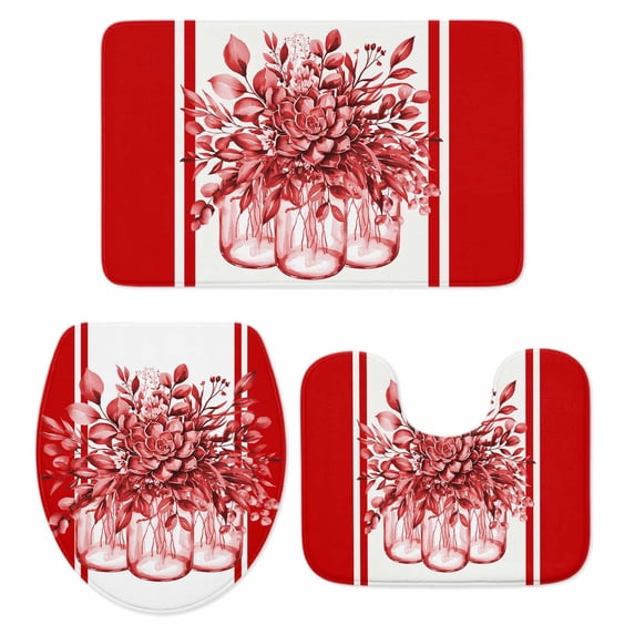 Eucalyptus Red Bath Mat 3 Piece Bathroom Rug Set, Stripe Bottle Flower Cactus Retro Plant Non Slip Bath Rug Contour Mat and Toilet Lid Cover, Absorbent Shower Mats Soft Bath Rugs and Mats Sets