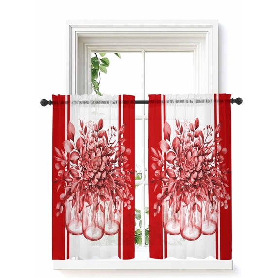 Eucalyptus Red Curtains 45 Inch Length, Sheer Curtains for Bedroom Living Room Window Stripe Flower Cactus Retro Plant Rod Pocket Voile Drapes Kitchen Curtains Small Half Window 52"x45" 2 Panels