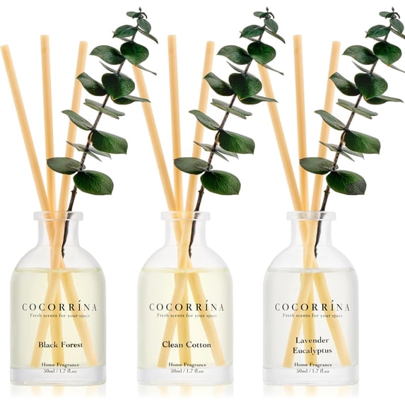 Eucalyptus Reed Diffuser Set of 3 - Lavender Eucalyptus, Black Forest, Clean Cotton Scents, 1.7 fl oz Each, Total 5.1 oz, Scented Oil Diffusers for Home & Office