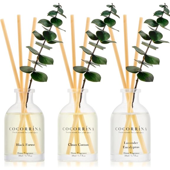 Eucalyptus Reed Diffuser Set of 3 - Lavender Eucalyptus, Black Forest, Clean Cotton Scents, 1.7 fl oz Each, Total 5.1 oz, Scented Oil Diffusers for Home & Office
