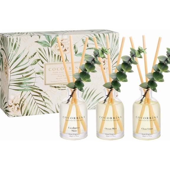 Eucalyptus Reed Diffuser Set of 3 - & Moss, Clean Linen, Ocean Mist Scents, 1.7 fl oz Each, Total 5.1 oz, Scented Oil Diffusers for Home Office