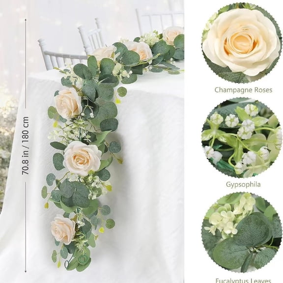 Eucalyptus Rose Garland, Starflower Ivy Vine, 180Cm Artificial Floral Greenery For Home Decor, Wedding, Party, Arch, Table Centerpiece