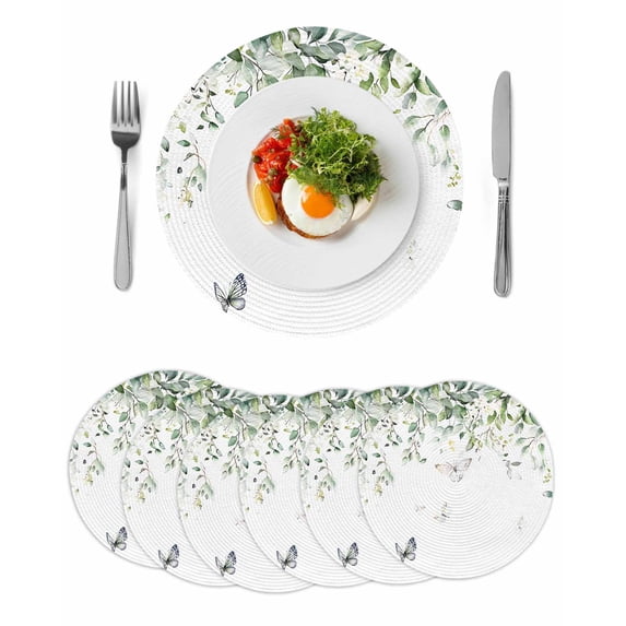 Eucalyptus Round 13 Inch Placemats Set of 6, Butterfly Sage Green Leaf Farmhouse Plant HeatResistant Non Slip Place Mats for Dining Table, Wipeable Braided Kitchen Table Mats for Housewarming