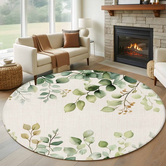 Eucalyptus Round Area Rug 7 FT,Non Slip Living Room Area Carpet,Rustic Chic Greenery Plant Round Weeping Leaf Washable Soft Circular Rug Floor Carpet for Bedside Office Play Room Classroom