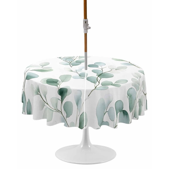Eucalyptus Round Outdoor Tablecloth, Waterproof Table Cloth Cover with Umbrella Hole and Zipper, Ombre Greenery Round Leaves Plant Table Protector for Patio Party Picnic 54" Round