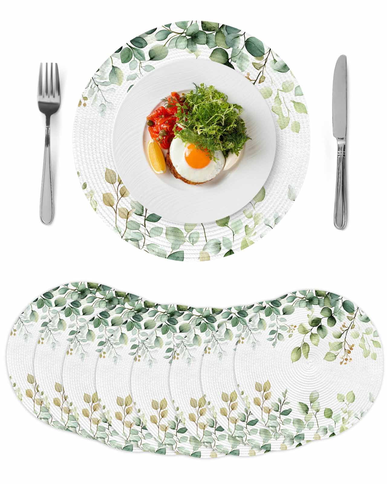Eucalyptus Round Placemats Set of 8 for Dinning Tables,Heat-proof Braided Table Mats 15 Inch,Sage Green Brown Leaf Boho Minimalist White Washable Place Mat for Kitchen Restaurant Party Table Decor