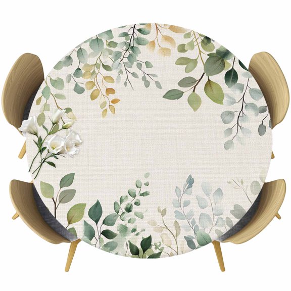 Eucalyptus Round Tablecloth 36-44 Inch Round Fitted Table Cloth with Elastic Edge, Country Leaf Farm Herb Aesthetic&nbsp;Floral Waterproof Table Cover Protector for Outdoor Picnic Party Dining