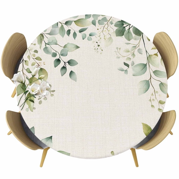 Eucalyptus Round Tablecloth 36-44 Inch Round Fitted Table Cloth with Elastic Edge, Green Leaf Rustic Botanical Plant Spring Waterproof Table Cover Protector for Outdoor Picnic Party Dining