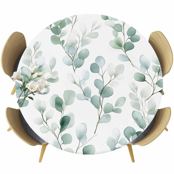 Eucalyptus Round Tablecloth 36-44 Inch Round Fitted Table Cloth with Elastic Edge, Ombre Greenery Round Leaves Succulent Plant Waterproof Table Cover Protector for Outdoor Picnic Party Dining