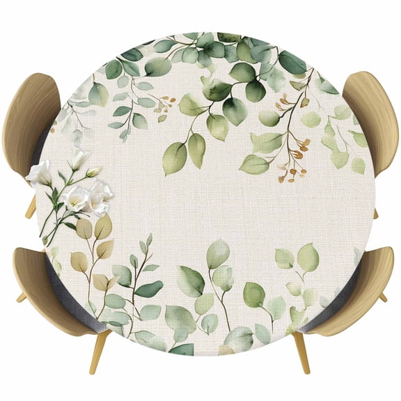 Eucalyptus Round Tablecloth 36-44 Inch Round Fitted Table Cloth with Elastic Edge, Rustic Chic Greenery Plant Round Weeping Leaf Waterproof Table Cover Protector for Outdoor Picnic Party Dining