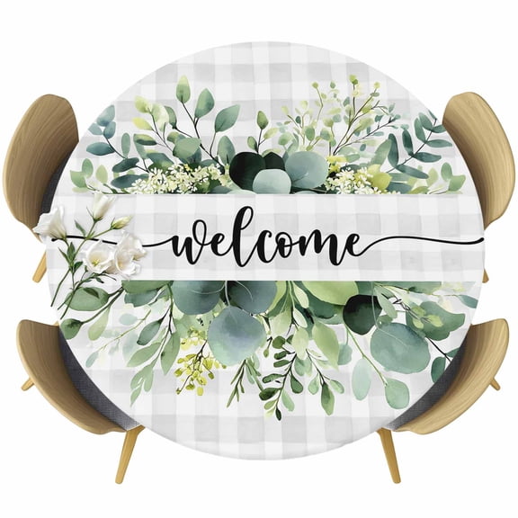 Eucalyptus Round Tablecloth 36-44 Inch Round Fitted Table Cloth with Elastic Edge, Sage Green Botanical Flower Plaid Check Waterproof Table Cover Protector for Outdoor Picnic Party Dining