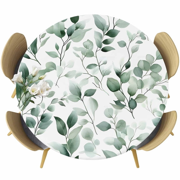 Eucalyptus Round Tablecloth 36-44 Inch Round Fitted Table Cloth with Elastic Edge, Watercolor Green Farm Aesthetics Leaf Spring Waterproof Table Cover Protector for Outdoor Picnic Party Dining