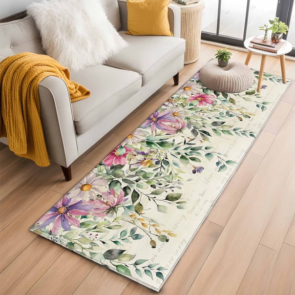 Eucalyptus Runner Rug 2x6 FT,Non Slip Hallway Rugs,Sage Green Botanical Leaf Pink Flower Farm Washable Soft Floor Carpet Throw Runner Carpet Long Rugs for Entryway Kitchen Bedside Sliding Door