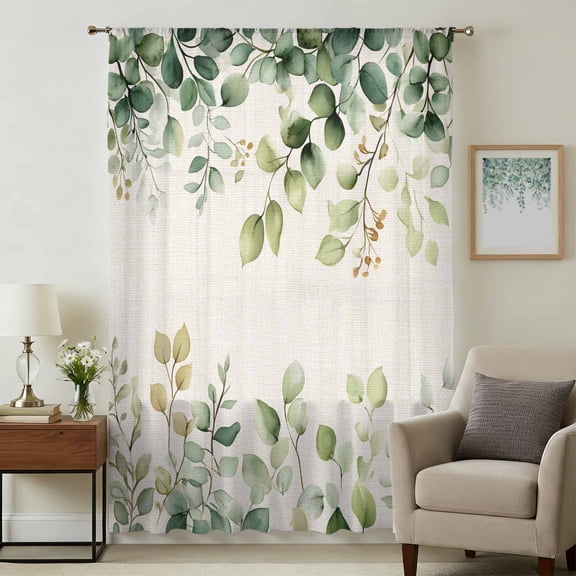 Eucalyptus Sheer Curtains 45 Inches Long, Rustic Chic Greenery Plant Round Weeping Leaf Light Filering Curtains, Breathable Simi Curtain Privacy Drapes for Kitchen Bathroom Small Window Treatment