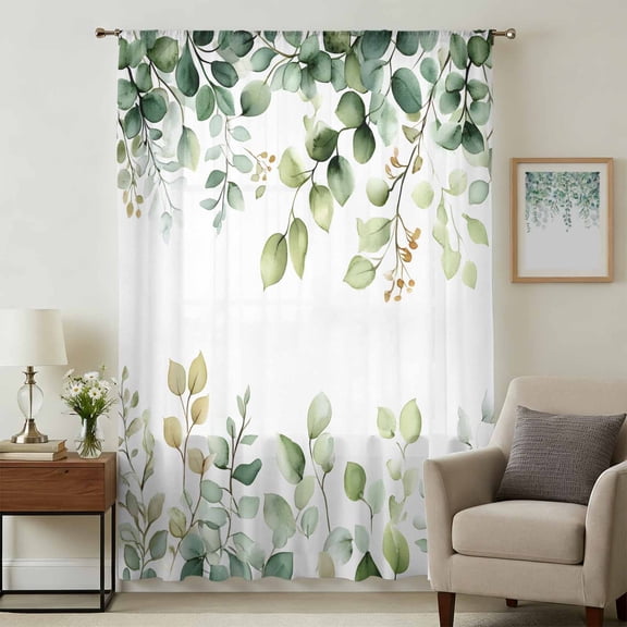 Eucalyptus Sheer Curtains 45 Inches Long, Sage Green Brown Leaf Boho Minimalist White Light Filering Curtains, Breathable Simi Curtain Privacy Drapes for Kitchen Bathroom Small Window Treatment