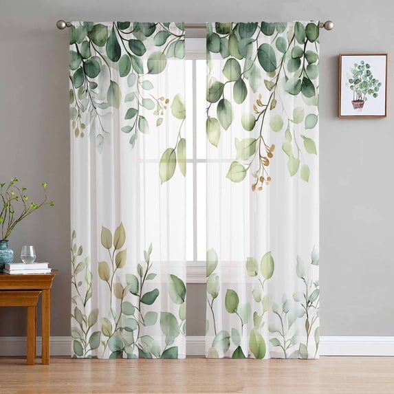 Eucalyptus Sheer Curtains 84 Inches Long 2 Panels Set, Window Sheer Curtains for Living Room/Bedroom, Sage Green Brown Leaf Boho Minimalist White Light Filtering Rod Pocket Curtain 52'' x 84'' x 2