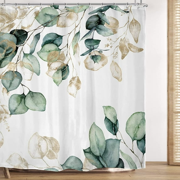 Eucalyptus Shower Curtain 72Wx72H Inch Green Leaves Gold Watercolor Plant Nature Botanical Leaf Floral Bathroom Set with 12 Plastic Hooks Fabric Waterproof Toilet Accessories Decor