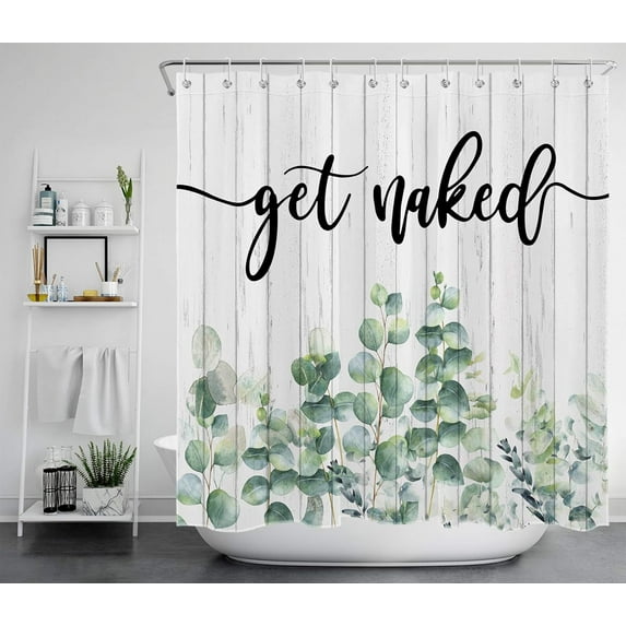 Eucalyptus Shower Curtain Get Naked Green Leaves Shower Curtain Rustic Botanical Plants Shower Curtain Farmhouse Leaves Polyester Fabric Waterproof Bathroom Curtain, 72W x 84H Inch