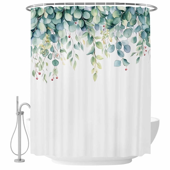 Eucalyptus Shower Curtain Set - 48" x 72" Washable Bathtub Curtain with 12 Hooks, Round Fruit Weeping Green Plant Waterproof Fabric Stall Shower Curtains for Bathroom/Bathtub Décor