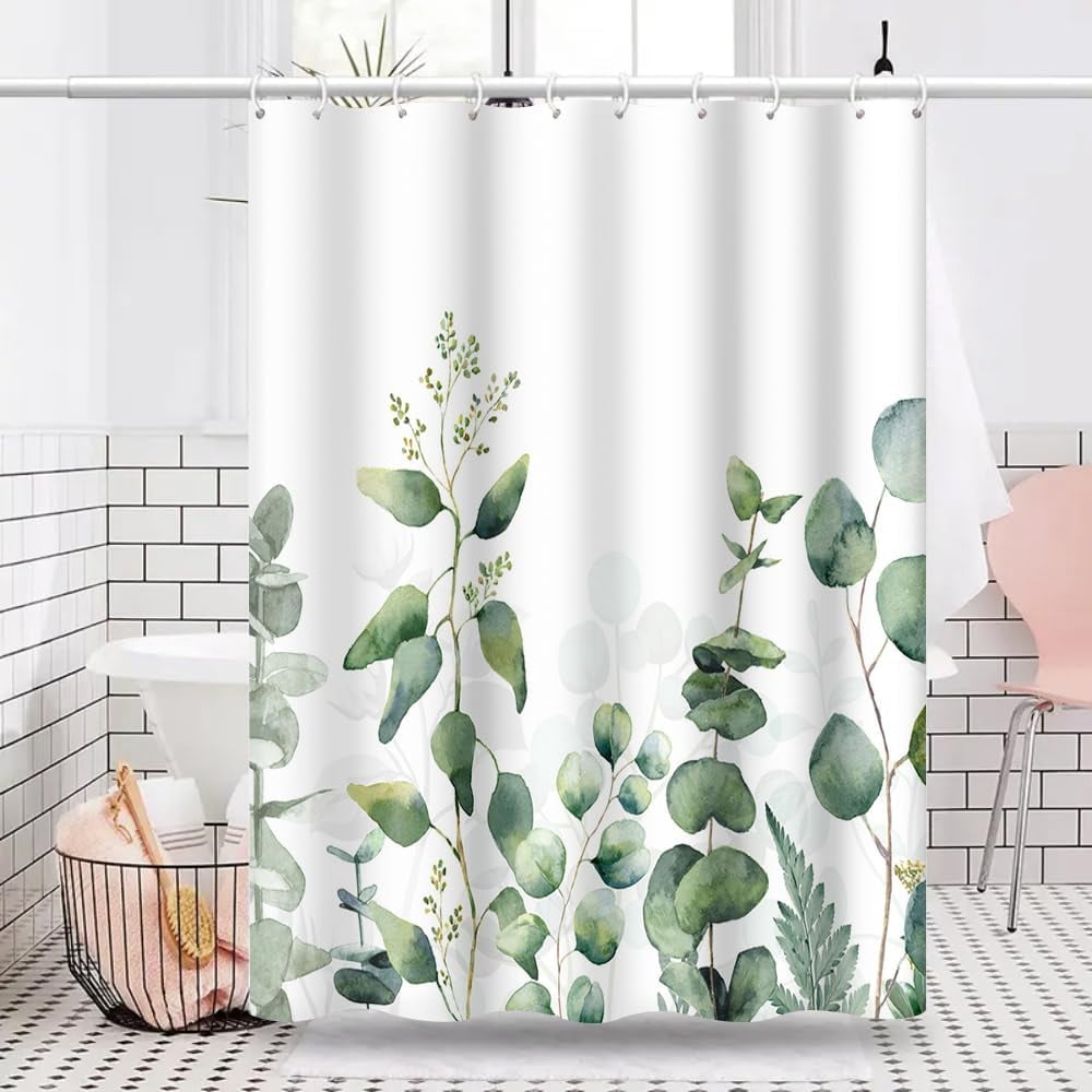 Youyouplus Watercolor Floral Shower Curtain - 70.8x70.8 Inch, Waterproof Polyester, Green Leaves Pattern, 12 Hooks