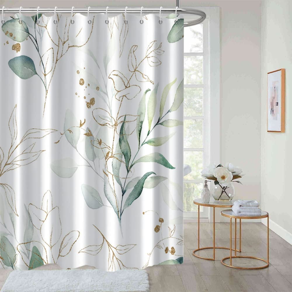 Eucalyptus Shower Curtain Spring Sage Green and Gold Abstract