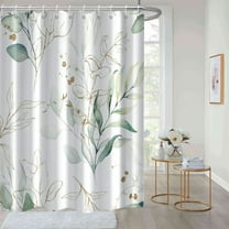 Eucalyptus Shower Curtain, Spring Sage Green and Gold Abstract Leaves Shower Curtain Set for Bathroom Waterproof Fabric Watercolor Botanical Bathroom Decor with Hooks, 72x72 Inch