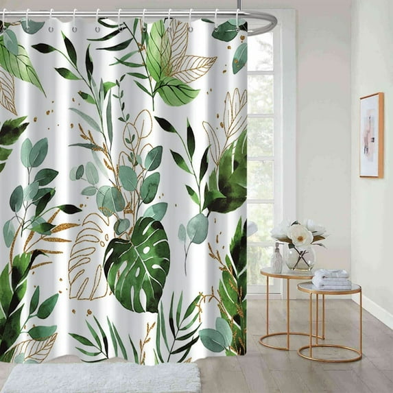 Eucalyptus Shower Curtain, Spring Sage Green and Gold Abstract Leaves Shower Curtain Set for Bathroom Waterproof Fabric Watercolor Botanical Bathroom Decor with Hooks, 72x72 Inch