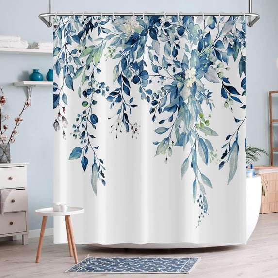 Eucalyptus Shower Curtain, Watercolor Blue Leaves on The Top Plant with Floral Bathroom Curtain Bathtub Home Decor Waterproof Fabric Machine Washable with 12 Hooks
