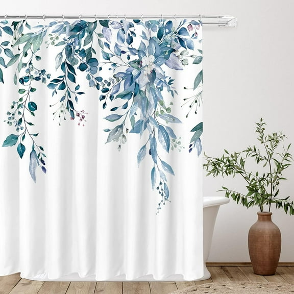 Eucalyptus Shower Curtain, Watercolor Leaf Shower Curtain Sets, Waterproof Plant Leaves Shower Curtain Fabric Cloth Bathroom Curtains, 72x72 inch with Hooks, Blue