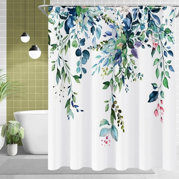 Eucalyptus Shower Curtain, Watercolor Sage Green Leaf Plant Floral Spring Nature Waterproof Fabric Machine Washable with Hooks for Bathroom Bathtub Decor 72x72