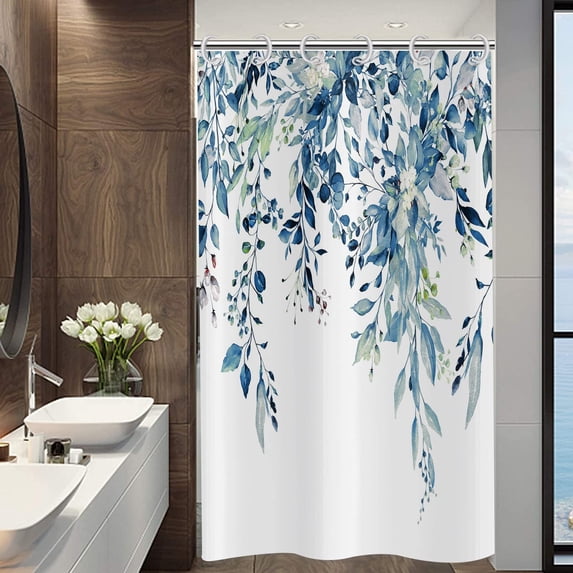 Eucalyptus Small Stall Shower Curtain, Watercolor Blue Leaves on The Top Plant with Floral Bathroom Curtain Bathtub Home Decor Waterproof Fabric with Hooks, 36"x72"