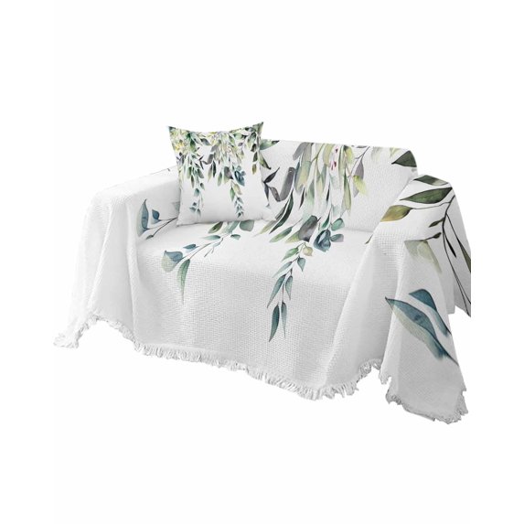 Eucalyptus Sofa Couch Covers for Dog,Washable Sectional Couch Slipcoverfor Loveseat with Tassels,Watercolor Sage Green White Weeping Leaf Non Slip Sofa Throw Cover Blanket Large 71''x102''