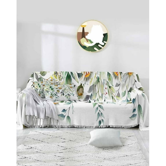 Eucalyptus Sofa Covers for 3 Cushion,Washable Couch Cover for Sectional Sofa Slipcoverwith Tassel,Green Leaves Flower Watercolor Floral Spring Loveseat Covers Futon Cover Throw Blanket 71''x118''