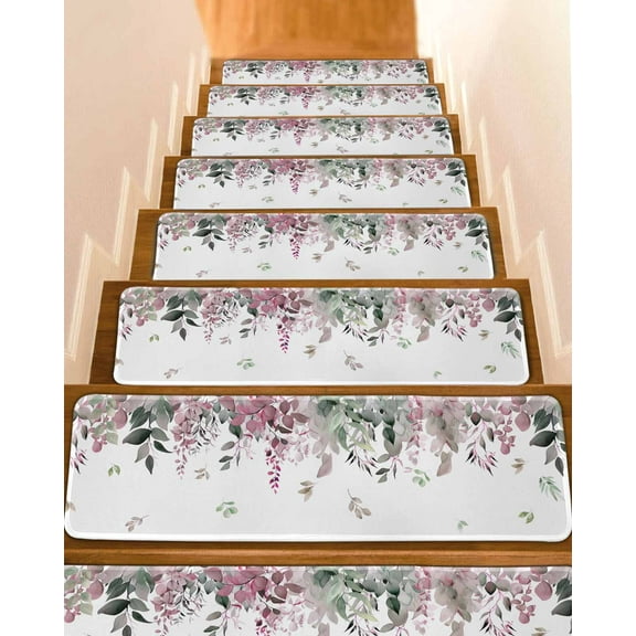 Eucalyptus, Stair Treads for Wooden Steps Indoor Runner Rug Carpet, Red Green Plant Leaves Simple White 4 Pieces Peel and Stick Staircase Step Treads Covers Washable Throw Door Mats, 30"x8"