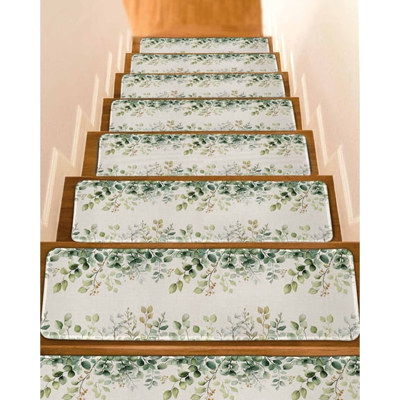 Eucalyptus Stair Treads for Wooden Steps Indoor Runner Rug Carpet, Rustic Chic Greenery Plant Round Weeping Leaf 4 Pieces Peel and Stick Staircase Step Treads Covers Washable Throw Door Mats, 30"x8"