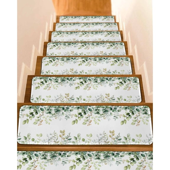 Eucalyptus Stair Treads for Wooden Steps Indoor Runner Rug Carpet, Sage Green Brown Leaf Boho Minimalist White 4 Pieces Peel and Stick Staircase Step Treads Covers Washable Throw Door Mats, 30"x8"