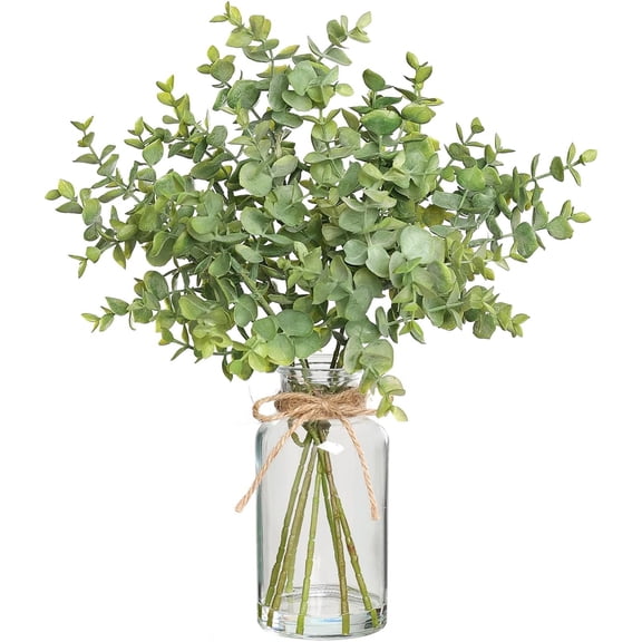 Eucalyptus Stems in Glass Vase with Faux Water,14" Artificial  Eucalyptus Leaves for Shelf Desk Bathroom Farmhouse Room Coffee Table  Decor (Sage Green)