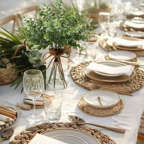 Eucalyptus Stems in Glass Vase with Faux Water, 14" Eucalyptus Fake Plants for Home Bathroom Counter Office Kitchen Farmhouse Shelf Centerpiece Coffee Table Decor(Sage Green)