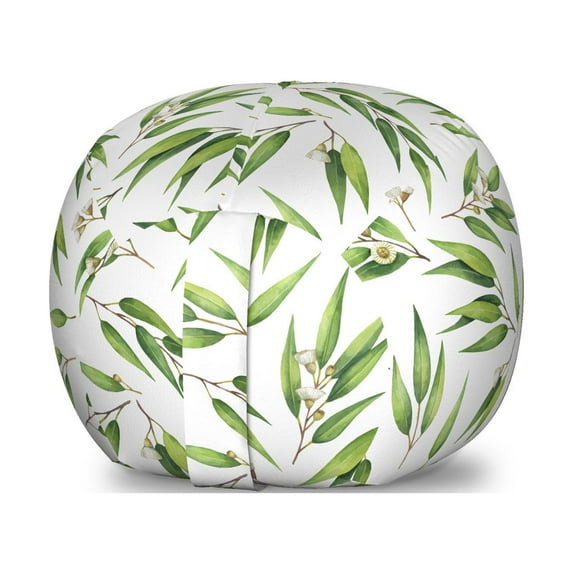 Eucalyptus Storage Toy Bag Chair, Scattered Branches and Eucalyptus Leaves in Watercolor Like Style, Stuffed Animal Organizer Washable Bag, Large Size, Green Eggshell and White, by Ambesonne