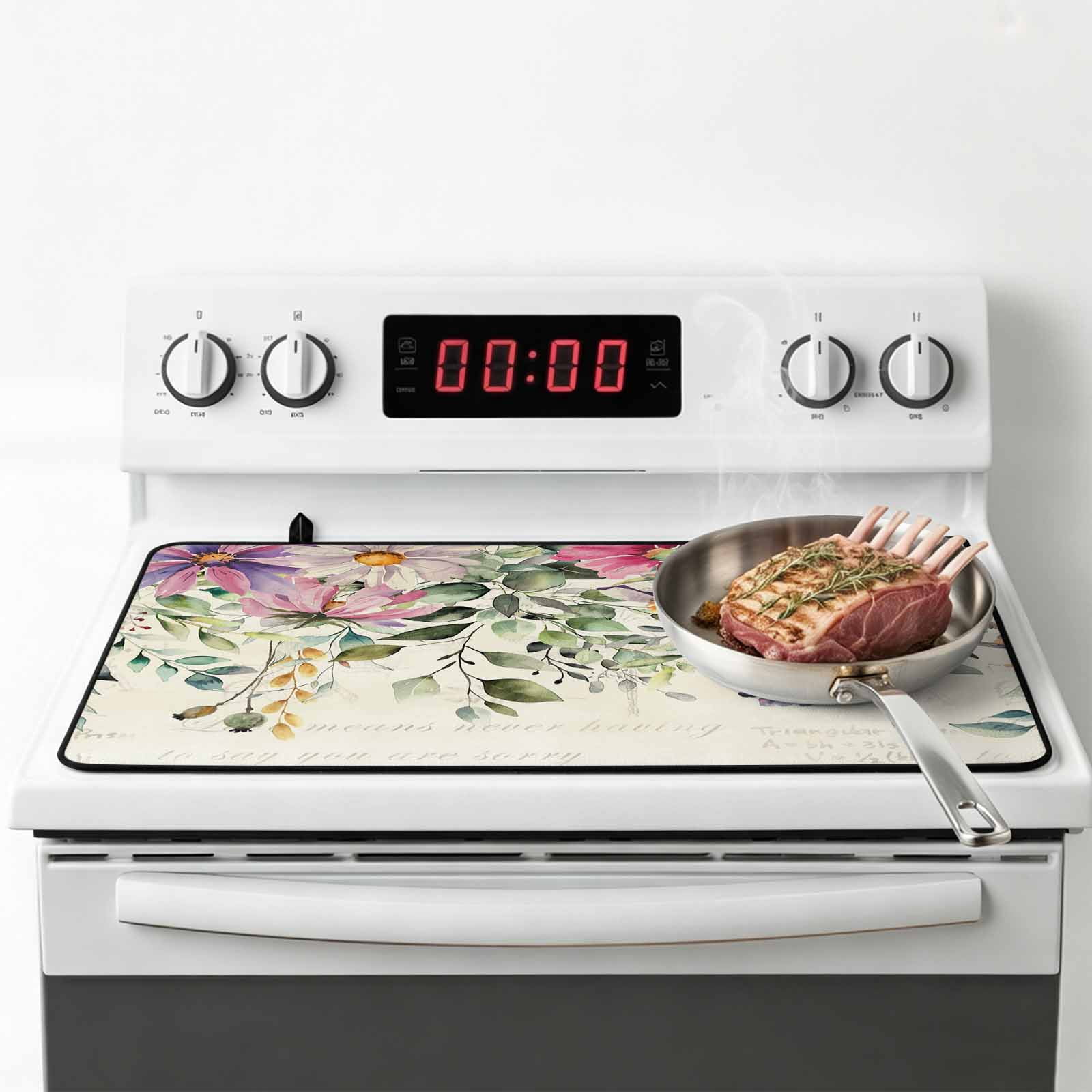 Eucalyptus Stove Top Cover for Electric Stove, Heat-proof & Non Slip Glass Top Stove Cover Protector, Sage Green Botanical Leaf Pink Flower Farm Kitchen Flat Cooktop Rubber Mat 36x21 Inches